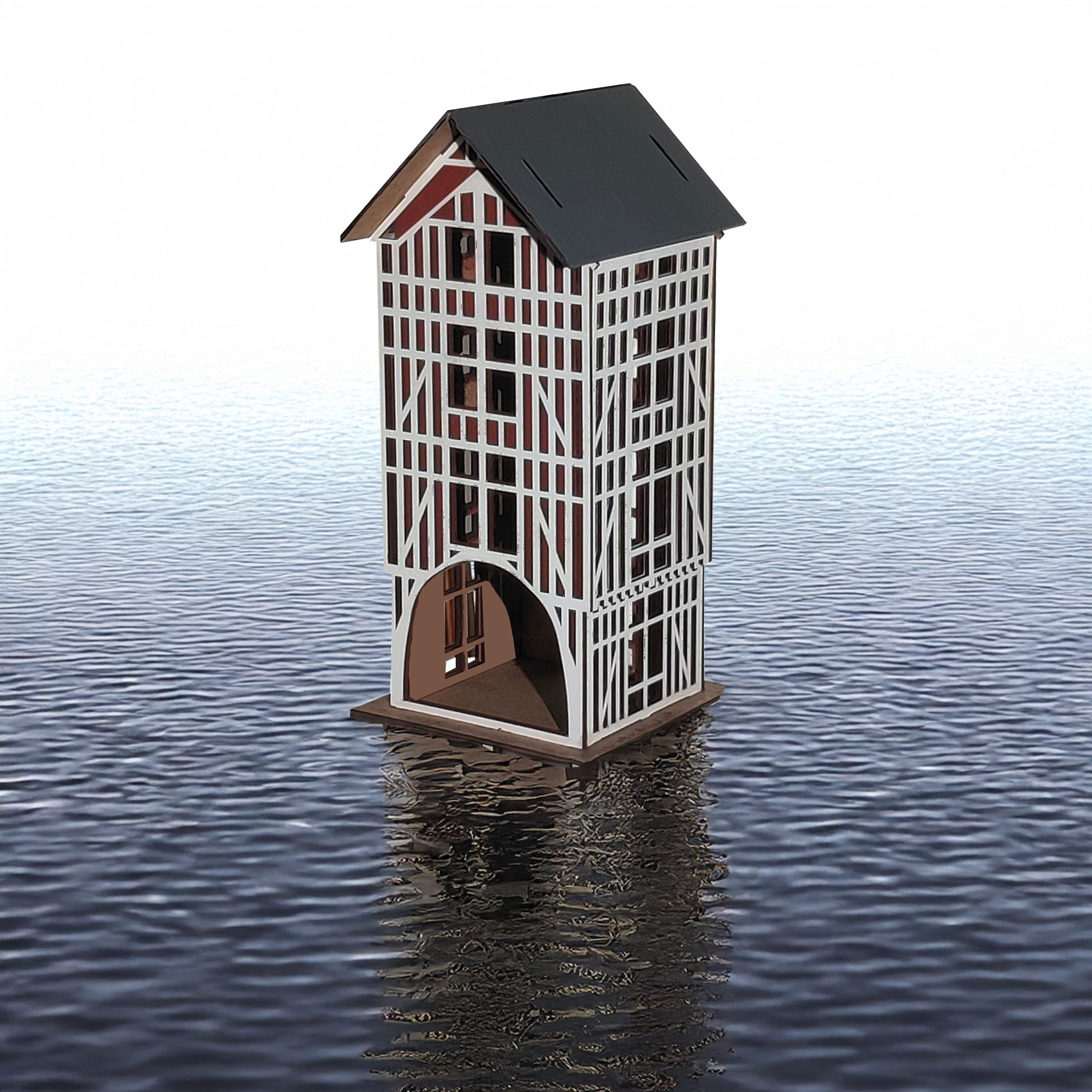 Illustration d’une maison à colombage flottante bleue